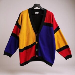 Vintage Hosanna Design Color Block Cardigan Colorful Buttons Size M 80's